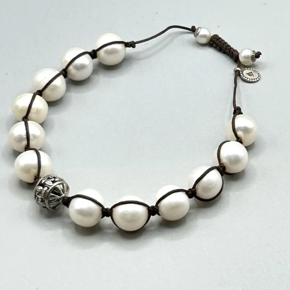 Silpada Vintage Sterling Silver & Genuine Large Pearls Brown Corded Bracelet - Picture 4 of 7
